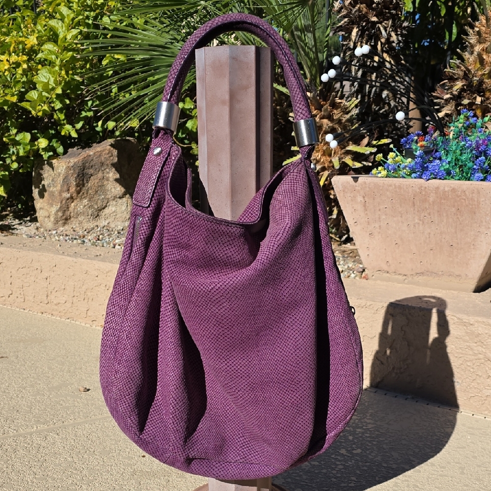 Talbots Plum Leather Snakeskin Print Hobo Bag